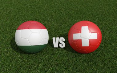 Çimlerin üzerinde bayraklı futbol topları. İsviçre ile Macaristan. 2024 Euro Kupa Turnuvası. 3d oluşturma