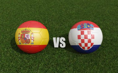 Çimlerin üzerinde bayraklı futbol topları. İspanya ile Hırvatistan. 2024 Euro Kupa Turnuvası. 3d oluşturma