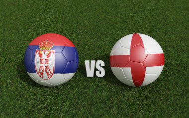 Çimlerin üzerinde bayraklı futbol topları. Sırbistan ve İngiltere. 2024 Euro Kupa Turnuvası. 3d oluşturma