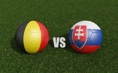 Çimlerin üzerinde bayraklı futbol topları. Slovakya 'lı Belçika. 2024 Euro Kupa Turnuvası. 3d oluşturma