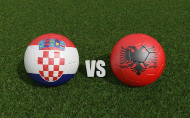 Çimlerin üzerinde bayraklı futbol topları. Hırvatistan ve Arnavutluk. 2024 Euro Kupa Turnuvası. 3d oluşturma