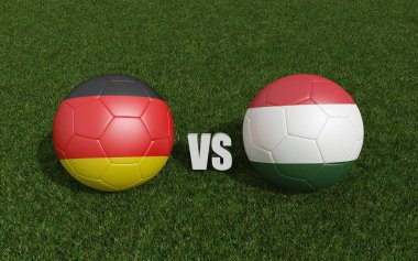 Çimlerin üzerinde bayraklı futbol topları. Macaristan ile Almanya. 2024 Euro Kupa Turnuvası. 3d oluşturma