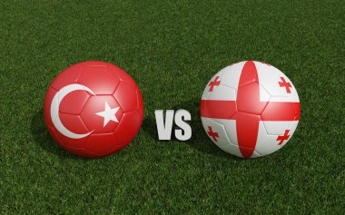 Çimlerin üzerinde bayraklı futbol topları. Gürcistan ile hindi. 2024 Euro Kupa Turnuvası. 3d oluşturma