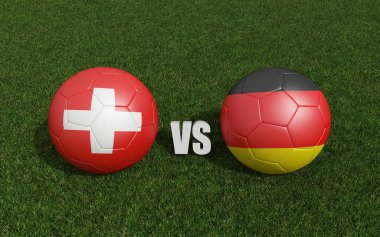 Çimlerin üzerinde bayraklı futbol topları. Almanya ile İsviçre. 2024 Euro Kupa Turnuvası. 3d oluşturma
