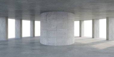 Güneş ışığı ve gölgesi olan boş beton iç mekan, 3D görüntüleme