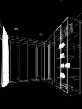 Dolabın içinde iç dizaynı asılmış kıyafetlerle modern yürüyüş, 3 boyutlu kablo çerçevesi