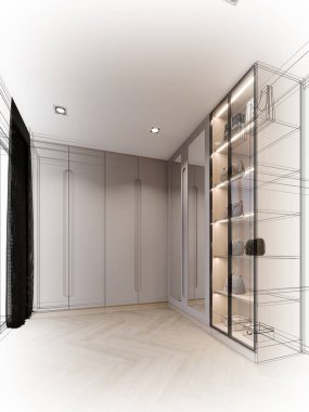 Dolabın içinde iç dizaynı asılmış kıyafetlerle modern yürüyüş, 3 boyutlu kablo çerçevesi