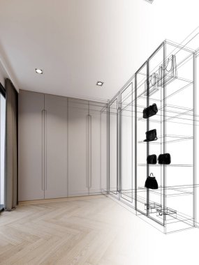 modern walk in closet wardrobe with clothes hanging interior design, 3d rendering wire frame clipart