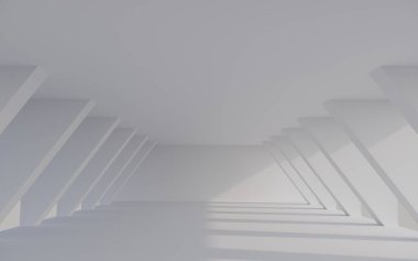 Güneş ışığı ve gölgesi olan boş beyaz iç mekan, 3D görüntüleme