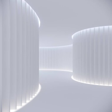 Güneş ışığı ve gölgesi olan boş beyaz iç mekan, 3D görüntüleme