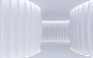 Güneş ışığı ve gölgesi olan boş beyaz iç mekan, 3D görüntüleme