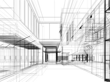 modern boş salon iç tasarımı, 3D görüntüleme