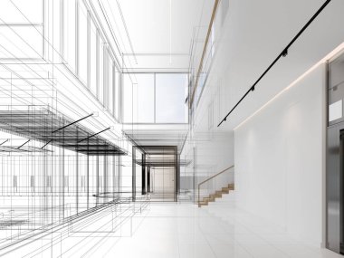 modern boş salon iç tasarımı, 3D görüntüleme