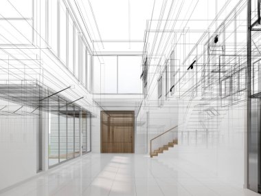 modern boş salon iç tasarımı, 3D görüntüleme