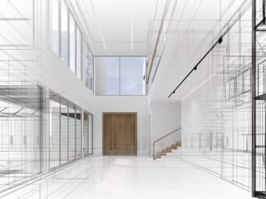 modern boş salon iç tasarımı, 3D görüntüleme