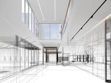 modern boş salon iç tasarımı, 3D görüntüleme