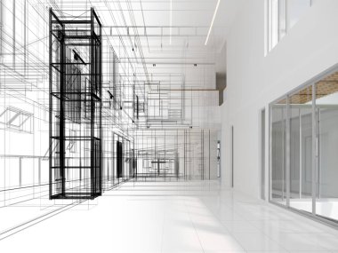 modern boş salon iç tasarımı, 3D görüntüleme