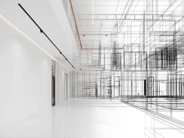 modern boş salon iç tasarımı, 3D görüntüleme