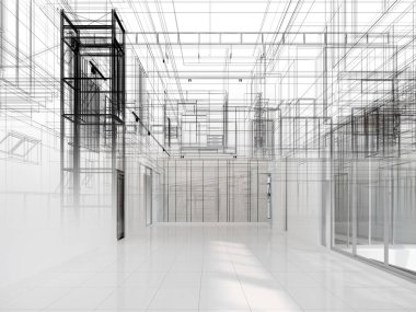 modern boş salon iç tasarımı, 3D görüntüleme