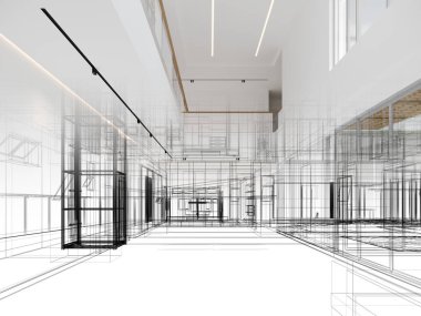 modern boş salon iç tasarımı, 3D görüntüleme