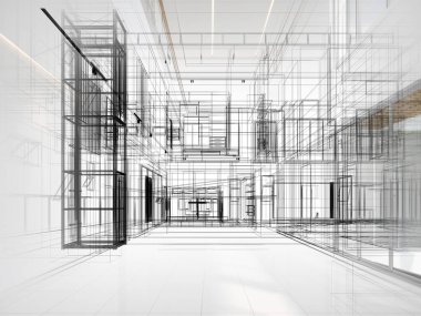 modern boş salon iç tasarımı, 3D görüntüleme