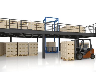 Paletlerin ve forkliftlerin üzerinde karton kutular olan asma katlı bir depo.