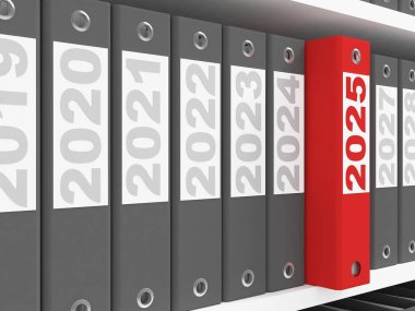 Office folders  on the shelves. New Year 2025 concept. 3d rendering clipart