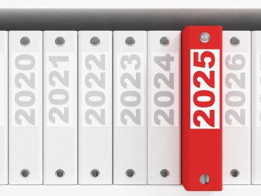 Office folders  on the shelves. New Year 2025 concept. 3d rendering clipart