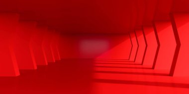 Güneş ışığı ve gölgesi olan boş kırmızı iç mekan, 3D görüntüleme