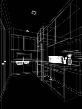 Modern mutfak odası iç tasarımı, 3D tasarım.