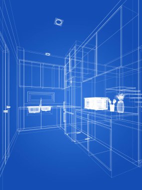 Modern mutfak odası iç tasarımı, 3D tasarım.