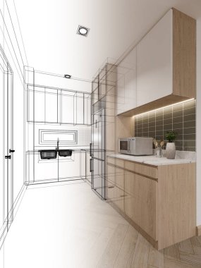 Modern mutfak odası iç tasarımı, 3D tasarım.