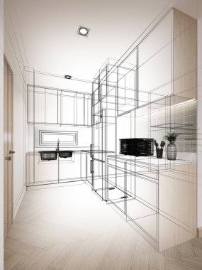 Modern mutfak odası iç tasarımı, 3D tasarım.