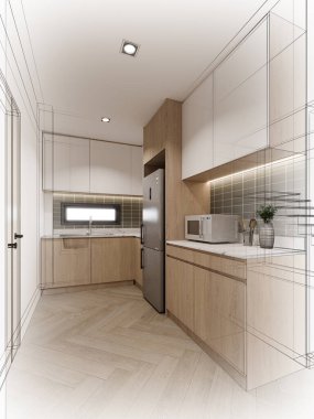 Modern mutfak odası iç tasarımı, 3D tasarım.