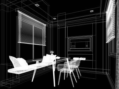 Modern yemek odası iç tasarımı, 3D tasarım.