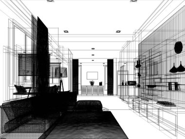 Modern oturma odası iç tasarımı, 3D görüntüleme