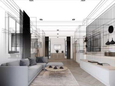 Modern oturma odası iç tasarımı, 3D görüntüleme