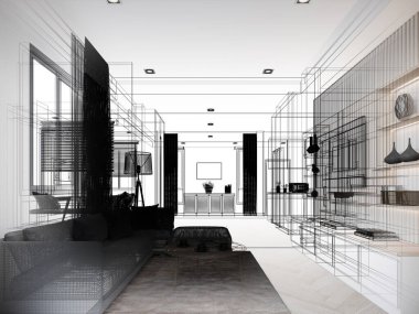 Modern oturma odası iç tasarımı, 3D görüntüleme