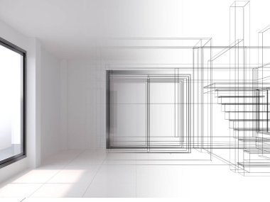 modern boş salon iç tasarımı, 3D görüntüleme