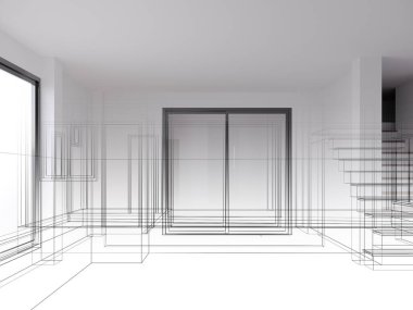 modern boş salon iç tasarımı, 3D görüntüleme