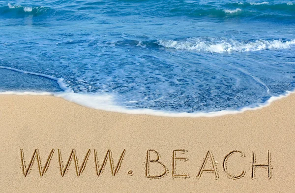 Inscriptie Het Zand Een Uitnodiging Tot Zee — Stockfoto