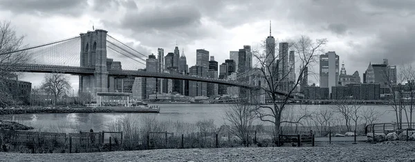 高層ビルとブルックリン橋夜ニューヨーク市ダウンタウン マンハッタンのスカイラインをパノラマ ビュー — ストック写真
