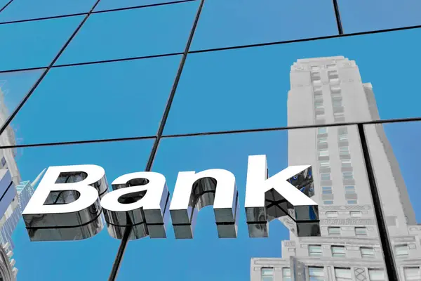 Банковский Знак Современном Здании Крупным Планом Лицензионные Стоковые Изображения