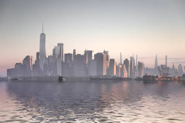Morgon Panorama Utsikt Över New York Manhattan Skyline Med Skyskrapor Royaltyfria Stockfoton