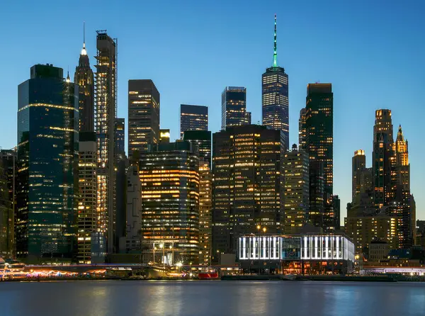 Panorámás Kilátás New York Belvárosában Manhattan Felhőkarcolók Éjszaka Stock Kép