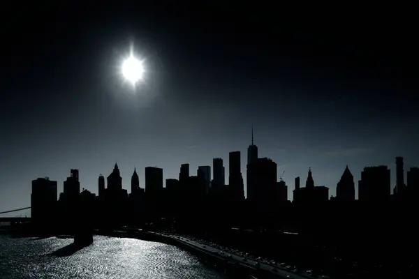Панорамний Вид Нью Йорк Манхеттен Центрі Хмарочосу Вночі Хмарочосами Стокове Фото