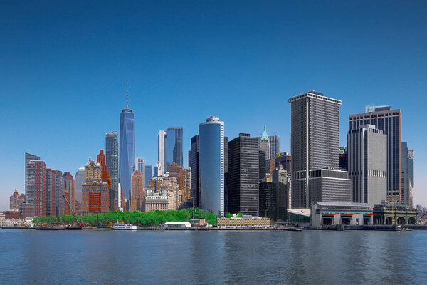 Panoramic view New York City Manhattan skyline with skyscrapers