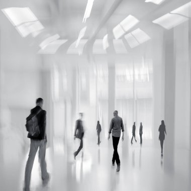 Bulanık bir geçmişi olan modern bir iş merkezinin lobisindeki insanların soyut görüntüleri.
