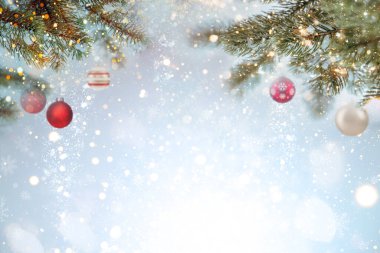 Noel arkaplanı. Altın parıltılı kozalaklı kozalaklı dal aydınlanmış bokeh arka planda parlıyor. Mutlu noeller ve tasarlamak için yeni yıl tatili duvar kâğıdı .