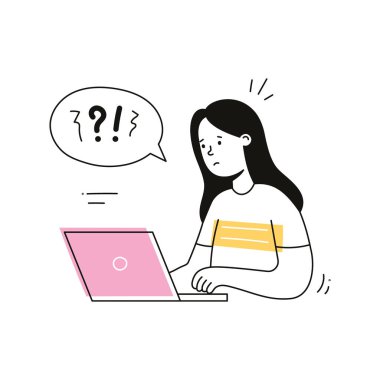 Worry woman, work question illustration. Doodle outline character woman work question, confused. Female person with laptop, office think, solution concept. Isolated vector illustration